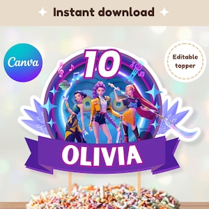 Puede incluir: Un adorno para pastel con un diseño colorido que presenta tres figuras animadas, el número 10 y el nombre "Olivia" en una pancarta morada. El pastel está cubierto con chispas de colores. También se ven las palabras "Descarga instantánea" y "Topper editable".