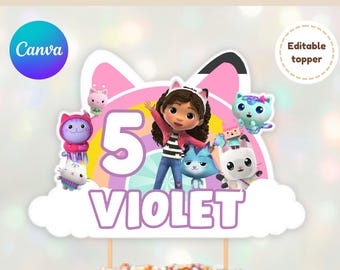 Gabby's Cake Topper: Pastel Rainbow Birthday Decor (Canva Editable, Digital Download)