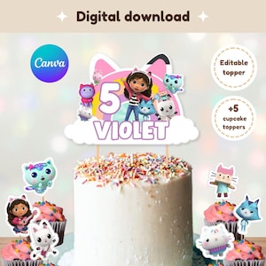 Gabby&#39;s Dollhouse Cake Topper Set: Pastel Rainbow Birthday Decor (Canva Editable, Digital Download)