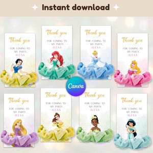 Könnte beinhalten: Acht druckbare Party-Geschenkanhänger mit Disney-Prinzessinnen, jede mit einer einzigartigen Kleiderfarbe und passendem Scrunchie. Die Anhänger tragen die Aufschrift "Thank you for coming to my party, Alexa" und enthalten den Text "Instant download".