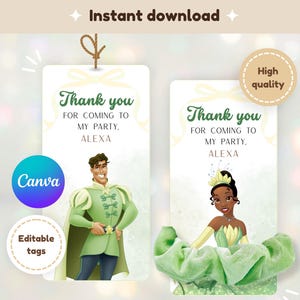 Etiquetas de agradecimento editáveis inspiradas na Princesa Tiana e o Sapo, lembrancinhas de aniversário da Tiana, cartão Scrunchie - para impressão