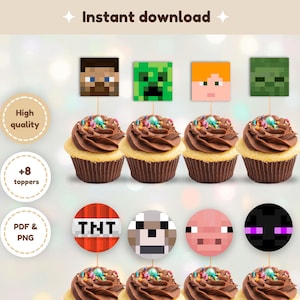 Minecrafter Cupcake Toppers, Minecrafter Birthday, Gamer Toppers, DIY Printable Stickers Digital File, PDF Instant Download