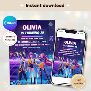 Editable KPop Demon Hunter Birthday Invitation Template, Kpop Anime Birthday Party Invite, Girls Birthday Invite, Canva Template, Printable