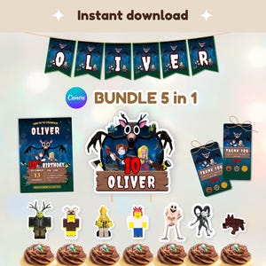 Op de afbeelding: Een feestpakket met een banner met de tekst "OLIVER", een verjaardagsuitnodiging, cupcake toppers en "Thank You" labels. Het thema omvat cartoonfiguren en de tekst "BUNDLE 5 in 1" en "Instant download".