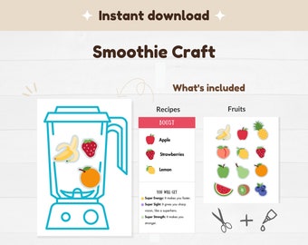 Smoothie Fruits Craft for Kids, Worksheet Preschool Toddler Printable