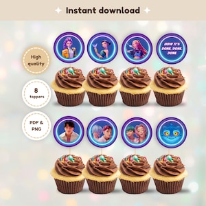 Puede incluir: Cupcakes con glaseado de chocolate y chispas de colores, cubiertos con adornos de personajes. Los adornos son redondos con imágenes de personajes animados y el texto "HOW IT'S DONE. DONE. DONE." La imagen también incluye el texto "Instant download", "High quality", "8 toppers" y "PDF & PNG."
