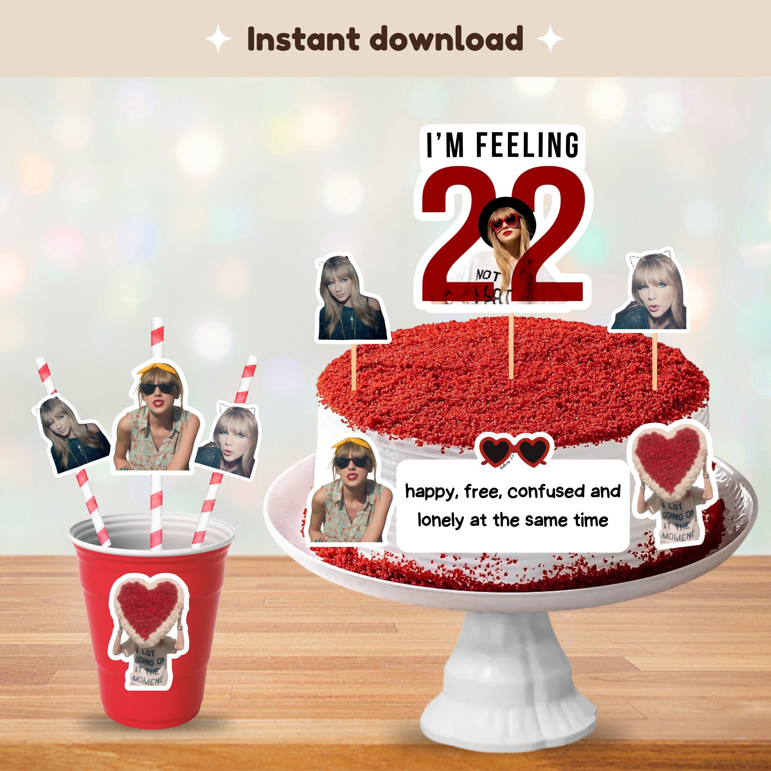 Feeling 22 Cake Toppers, Face Straws, Swiftie Feeling 22 Birthday Party Stickers, DIY 22nd Birthday Party Props - Printable