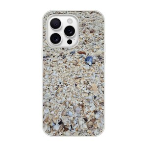 May include: A phone case featuring a close-up image of a sandy beach covered in seashells. The case has a clear border and a camera cutout. The seashells are in various sizes and colors, including white, tan, and brown.