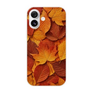 May include: A smartphone case featuring a vibrant autumn leaf design. The case showcases a collage of colorful leaves in shades of red, orange, and yellow, creating a seasonal and natural aesthetic. The case has a white border and a camera cutout.
