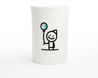 Cute Balloon Child Mug – Funny Minimal Line Art Cup – 10oz Porcelain Gift Coffee Mug