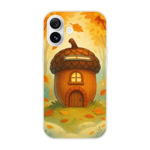 May include: A phone case featuring a whimsical illustration of an acorn-shaped house in a forest setting. The house has a brown body, a textured cap, and a small arched doorway. The background shows autumn leaves and trees.