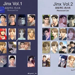 May include: Two sets of photocard lists titled "Jinx Vol. 1" and "Jinx Vol. 2". Each list features multiple character illustrations. The first set has a blue background, while the second has a light blue background. Text includes "Photocard List" and Korean characters.