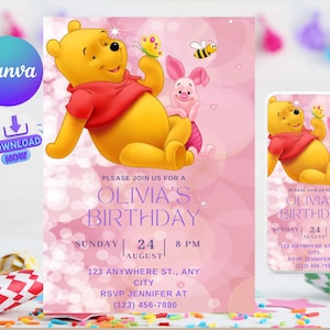 Editable Winnie Birthday Invitation, Invitation,  Girls  Birthday, Digital Invitation Template ,Instant Download