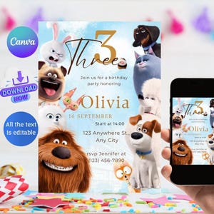 Editable puppies invitation template,  Pets Invitation, Printable Secret life of pets Invitation, Birthday, Digital  Party Bestseller