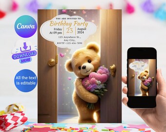 May include: A printable birthday party invitation featuring a cartoon teddy bear holding a bouquet of pink and purple flowers. The invitation has a gold background and the text "Birthday Party" in a gold font.