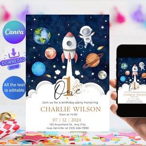 Space Birthday Invitation Template, Editable, Birthday Spaceship Invite, Astronaut Rocket, Printable Digital Space Invitation Universe