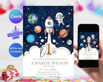 Space Birthday Invitation Template, Astronaut Rocket, Editable (Digital)