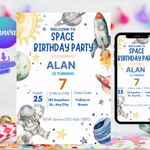 Space Birthday Invitation Template, Editable, Birthday Spaceship Invite, Astronaut Rocket, Printable Digital Space Invitation Universe