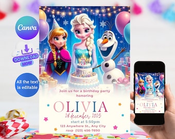 May include: A Frozen-themed birthday party invitation with a blue, pink, and white color scheme. The invitation features images of Elsa, Anna, and Olaf from the movie Frozen. The text on the invitation reads "Join us for a birthday party honoring Olivia 28 December 2025 start at 5:50pm 123 Anywhere St., Any City rsvp (123) 456-7890".