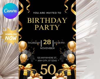 May include: Black and gold birthday party invitation with gold balloons, gift boxes, and the text "You are invited to Birthday Party, Thursday 28 at 09 PM, November, 123 Anywhere St., Any City, ST 12345, 50".