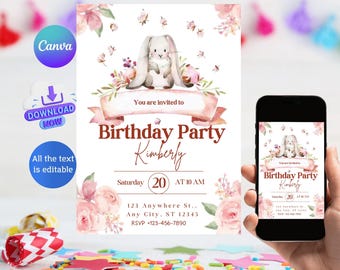 Bunny Birthday Invitation Template, Editable Rabbit Party (Digital Download)