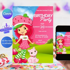 Strawberry Birthday Invitation, berry Invite for Girls, Editable  Bday Invitate, Girl  Party invitation