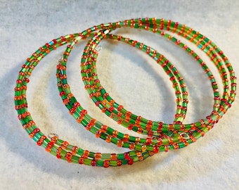 Three Different Glass Seed Bead Bugle Bead Memory Wire Wrap Around Bracelets