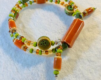Lovely Autumn Colored Ceramic Bead Memory Wire Wrap Bangle Bracelet