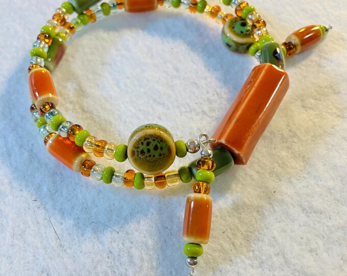Lovely Autumn Colored Ceramic Bead Memory Wire Wrap Bangle Bracelet