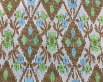 Soft Green Blue Beige Light Brown Geometric Floral Doubleknit Polyester Authentic 1970’s Stretch Fabric Mod Print