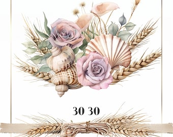 10 Floral Seashells Clipart, Sea shells Clipart, Printable Watercolor clipart, High Quality JPG, Digital download, Paper craft, junk journal
