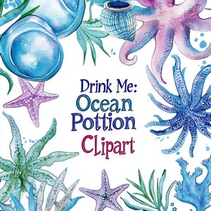 Drink Me Ocean Potion Clipart - Royal Lila und Türkis - Sirene Essence Seepferdchen, Seeanemone, Muscheln - Mermaid Fantasy