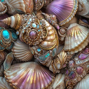 Puede incluir: Primer plano de una colección de conchas decoradas con oro y joyas. Las conchas están dispuestas en una pila, con algunas de ellas superpuestas. Las conchas son de varios colores, incluyendo blanco, rosa y morado. Las joyas son de varios colores, incluyendo azul, verde y morado.