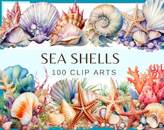 SEA SHELLS - 100 clip arts (300 dpi, sea anemone, sea horse, bundle, digital, sea life, png, summer, sea star, vacation, pearl shell)