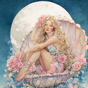 Puede incluir: Ilustración en acuarela de una mujer con cabello rubio largo, ojos azules y rosas rosas. Está sentada en una gran concha, con una luna llena en el fondo. La obra de arte tiene una cualidad soñadora y etérea.