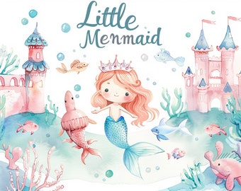 Little mermaid png, Sea animals clipart, Mermaid Castle, Watercolor mermaid, Fish png, Jellyfish clipart, Pink Mermaid, Free commercial use