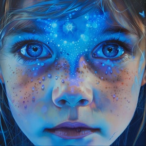 May include: A close-up portrait of a young person with blue eyes and freckles. Their face is covered in blue and white paint with a star-like design. The background is a dark blue.