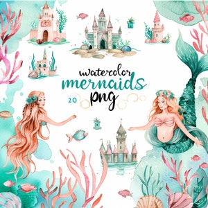 Aquarell Mermaid World Clipart, Meerjungfrau Clip Art, süße Meerestiere PNG, Qualle, Seepferdchen PNG Bundle, kommerzielle Nutzung, digitale Aufkleber