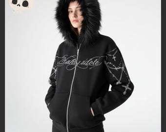 Y2K Plaid Hoodie Jacket Faux Fur Punk Grunge Goth Emo Pink Bomber Y2K Plaid Hoodie Jacket Faux Fur Punk Grunge Goth Emo Pink Bomber