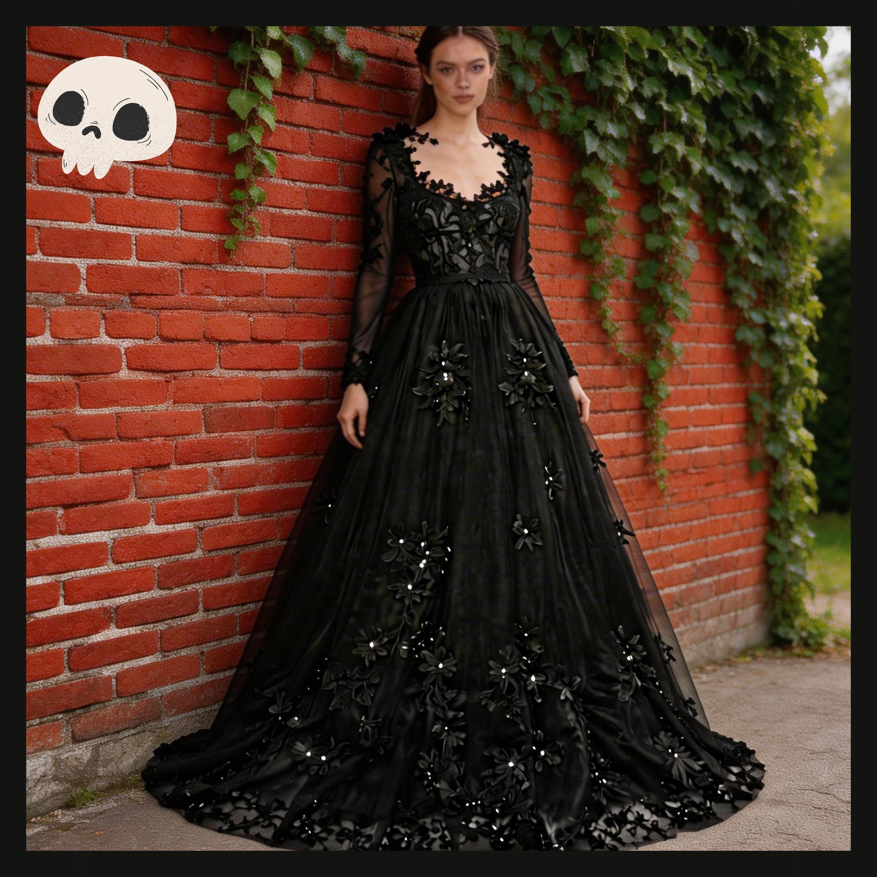 Black Gothic Victorian Wedding Dress, Flower Lace Long Sleeve Bridal ...