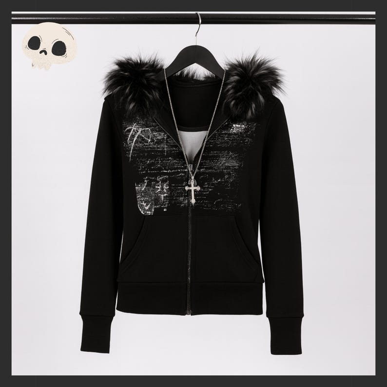 May include: Black zip-up hoodie with faux fur trim on the hood. The hoodie features a graphic design on the front and a silver cross pendant necklace. The hoodie is hanging on a black hanger.