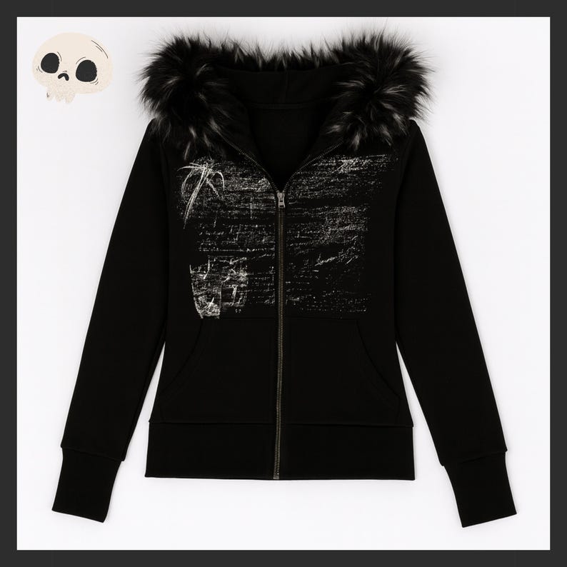 May include: Black zip-up hoodie with a faux fur-trimmed hood. The hoodie features a white graphic design on the front and a skull graphic in the upper left corner. The hoodie has a full zipper and two front pockets.