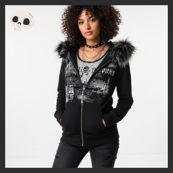 Y2K Goth Hoodie Fur Lined Gothic Zip Up Grunges Streetwear Y2K Clothes Alternative Vintage