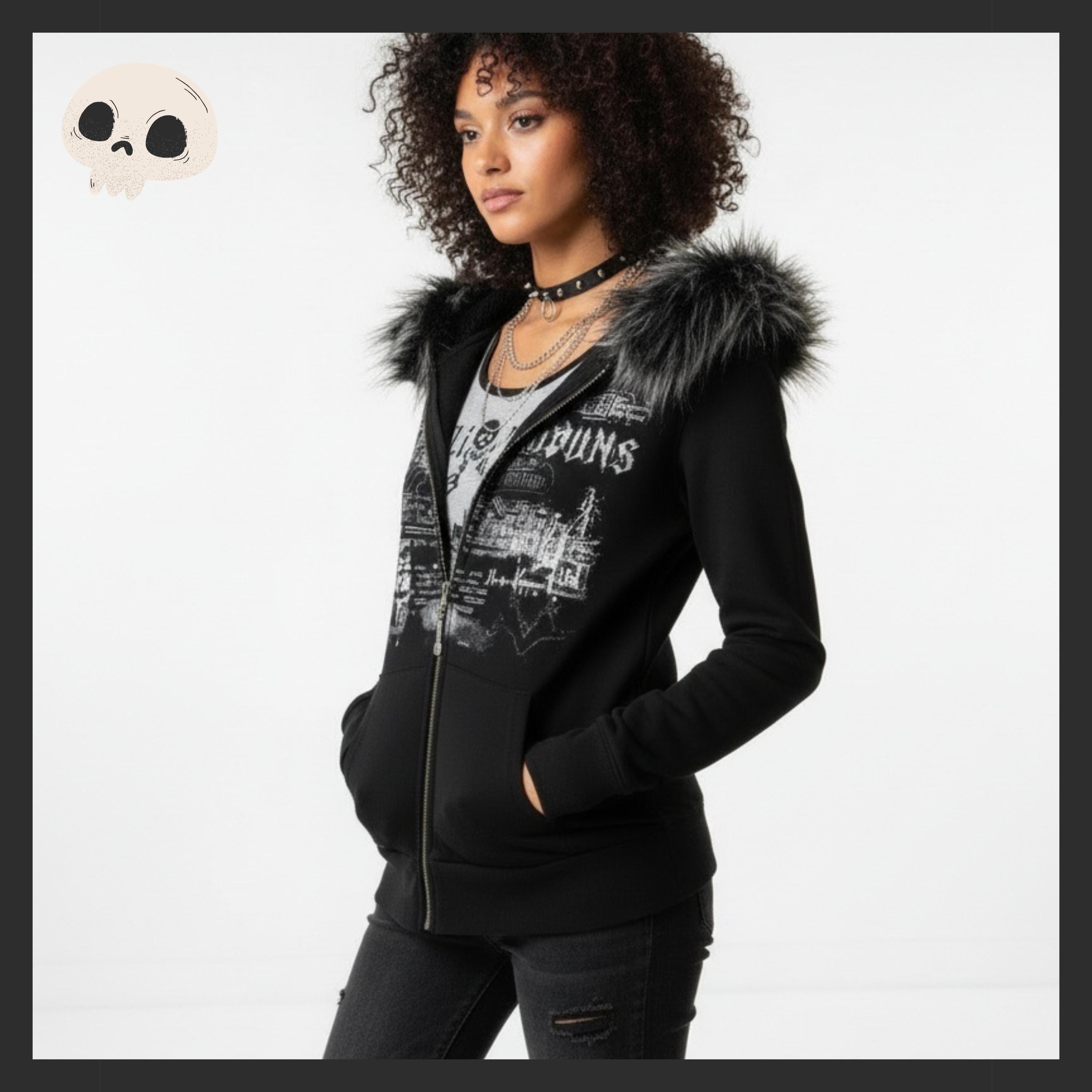 Y2K Goth Hoodie Fur Lined Gothic Zip up Grunges Streetwear Y2K