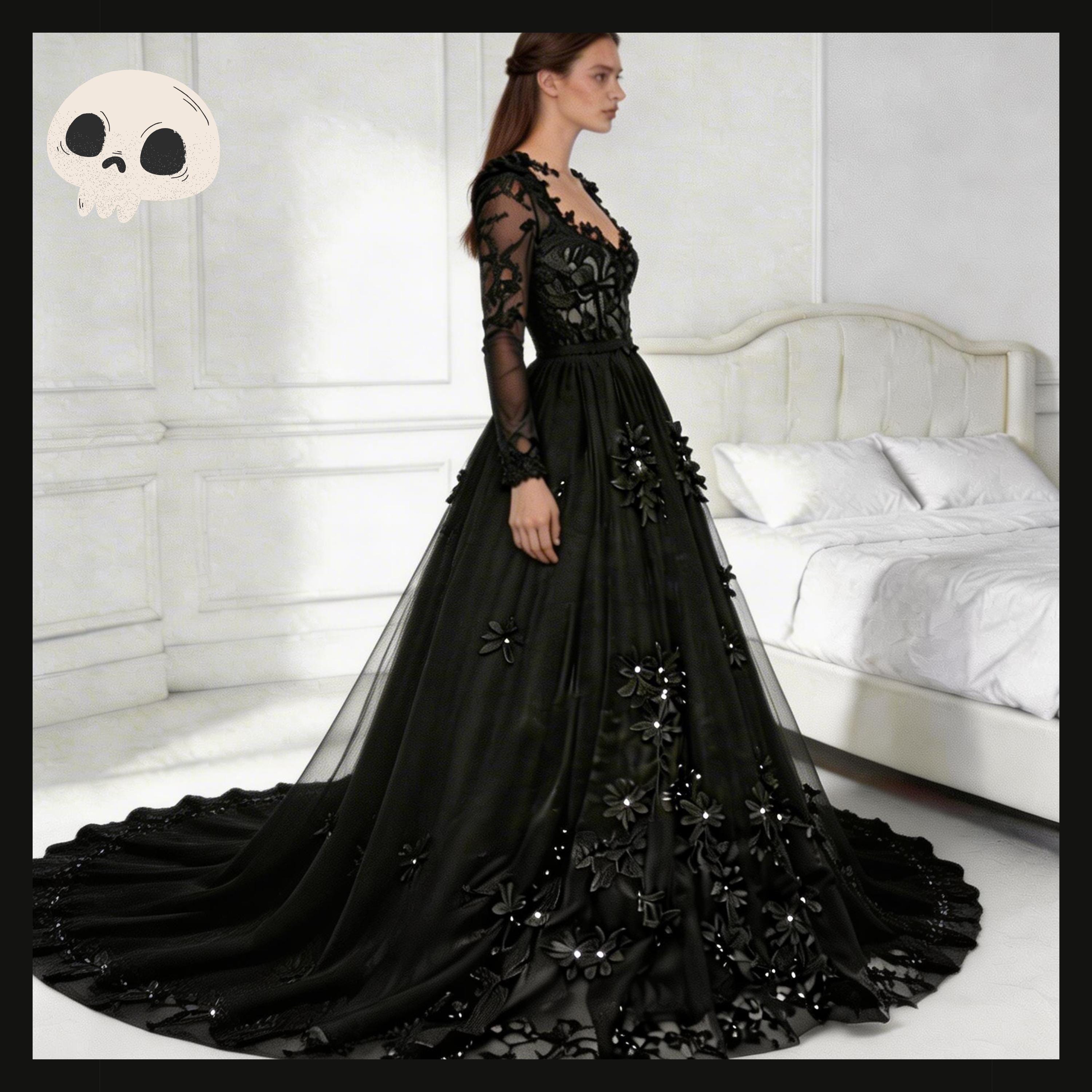 Black Gothic Victorian Wedding Dress, Flower Lace Long Sleeve Bridal ...