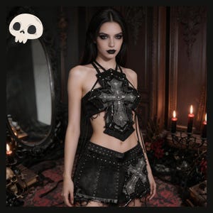 Könnte beinhalten: Schwarzes Haltertop und Rock-Set mit Kreuzverzierungen. Das Oberteil hat ein großes Kreuzdesign, und der Rock ist mit einem kleineren Kreuz und Nieten verziert. Das Outfit hat eine gotische Ästhetik.