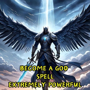 Może przedstawiać: Postać z skrzydłami w zbroi stoi na tle pochmurnego nieba, trzymając miecz. Postać jest zanurzona w jasnym świetle. Tekst "Become a God Spell Extremely Powerful" jest napisany pod postacią.
