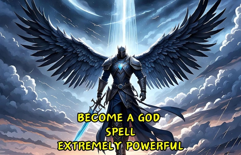 Pu&ograve; includere: Una figura alata in armatura si erge contro un cielo nuvoloso, brandendo una spada. La figura &egrave; immersa in una luce brillante. Il testo "Become a God Spell Extremely Powerful" &egrave; scritto sotto la figura.