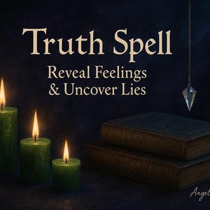 May include: A dark blue background with the text "Truth Spell Reveal Feelings & Uncover Lies" in gold lettering. Three green candles are lit in front of two antique books and a crystal pendulum hanging from a chain.