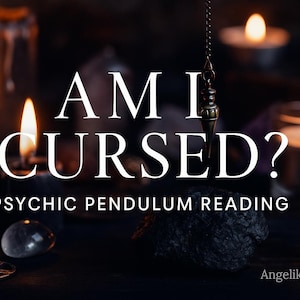 Puede incluir: Un fondo oscuro con velas encendidas y un péndulo colgando sobre el texto "¿ESTOY MALDITO? LECTURA DE PÉNDULO PSÍQUICO" con el texto "Angelika's Magick" en la parte inferior.